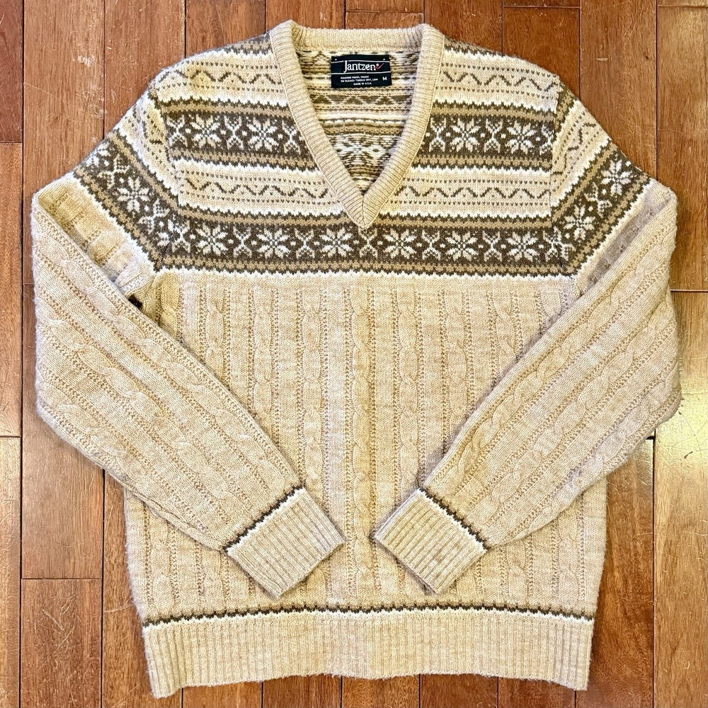 Vtg JANTZEN Nordic Fair Isle Cable Knit Sweater Men Sz M Beige‎ Ivory Apres-Ski
